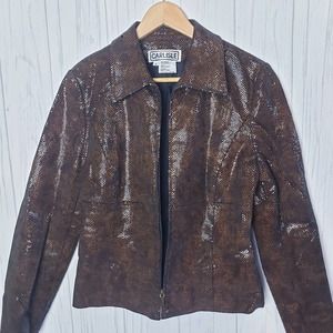 Carlisle Rich Snakeskin Jacket Size 6 Full Zip Point Collar Fully Lined In Brown